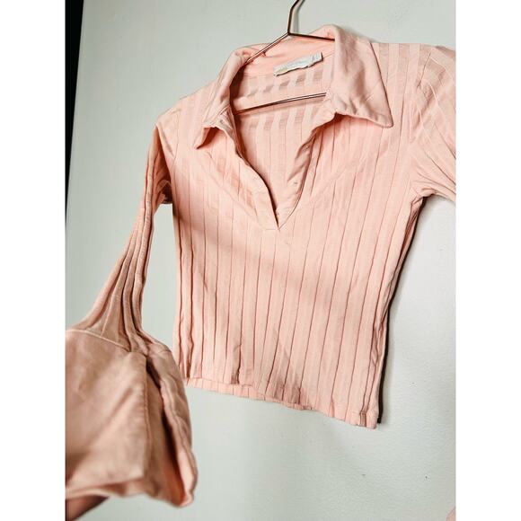 JONATHAN SIMKHAI Pink Val Rib Cropped Polo Long Sleeves Collared Shirt size XS - Picture 7 of 11